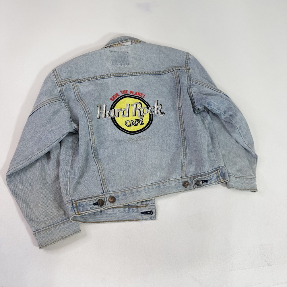 Vintage Hard Rock Cafe Denim Jacket Womens 10 Light Blue Atlanta Embroidered 90s